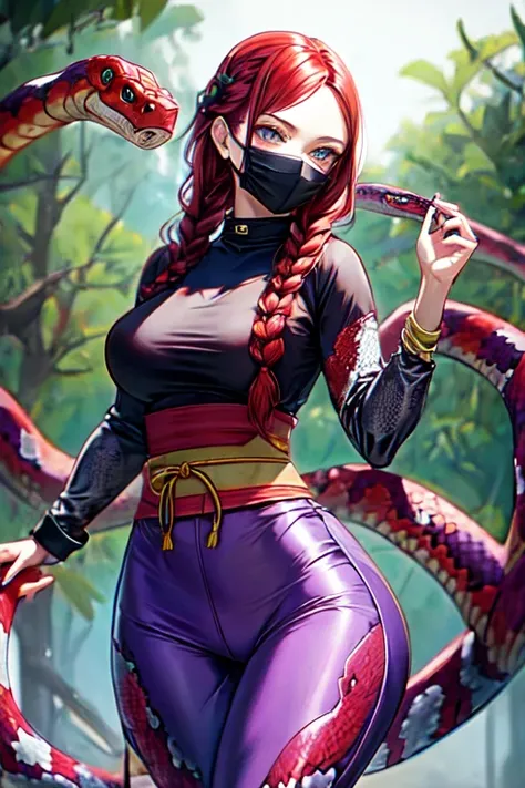 Light purple snake fashion girl, ninja girl, tight clothes, wide hips, narrow waist, Braids, red hair, snake scale patterns, ninja mouth mask, (masterpiece, best quality:1.3)