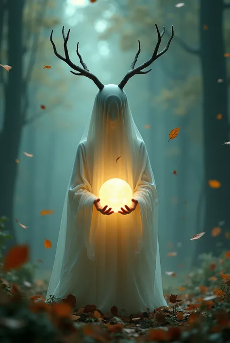  a glowing ,  ghostly figure with branches on its head holds a shimmering ball, While leaves dance around them .