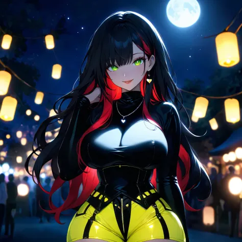 bares breasts, nipples, squeezes breasts with hands, poses, smile, bites lip, hearts (💕), latex, white corset with red lacing, acid-yellow stockings, acid-yellow short sports shorts, vulva, makeup, curvy hips, curvy juicy big breasts, voluminous breasts, e...