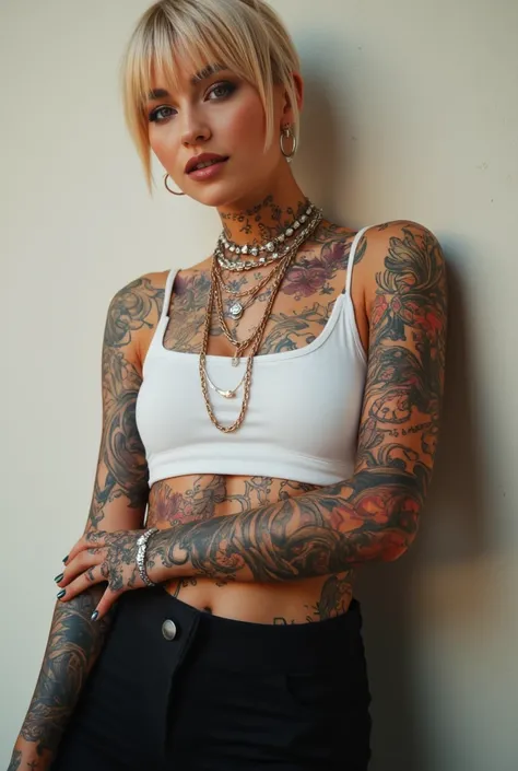 A gorgeous sexy woman in sexy casual attire. She wears black fatigues pants and a white tank top. ((Blonde square fringe Hair)), ((piercings)), ((Earrings)), ((lot of jewelry)), ((lot of tattoos))