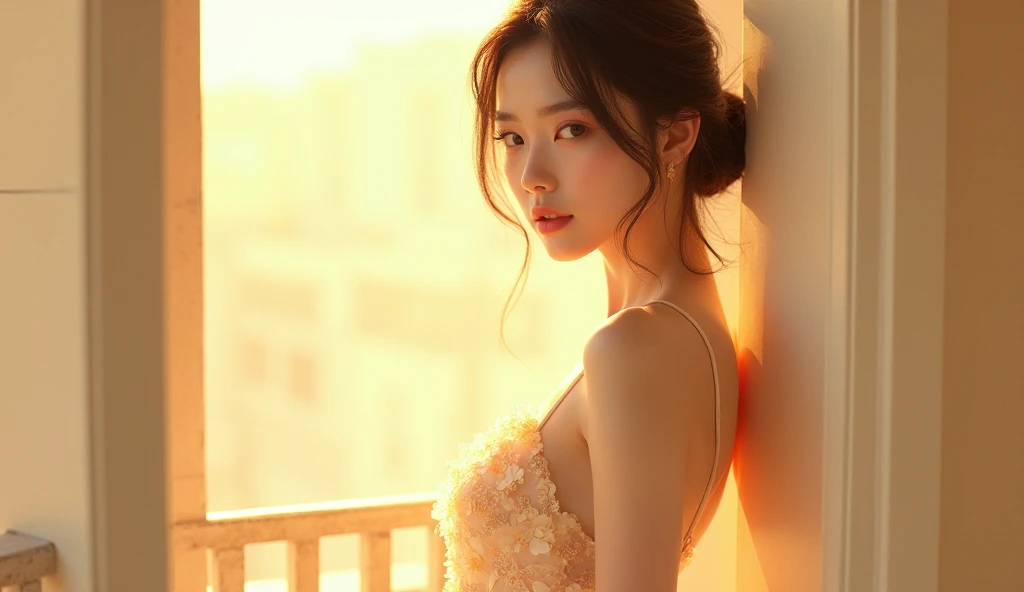 Beautiful Asian 20-year-old girl ,Leaning against the railing,Beautiful asian 20 year old girl looking sideways , shines white and gold all around her. bright room