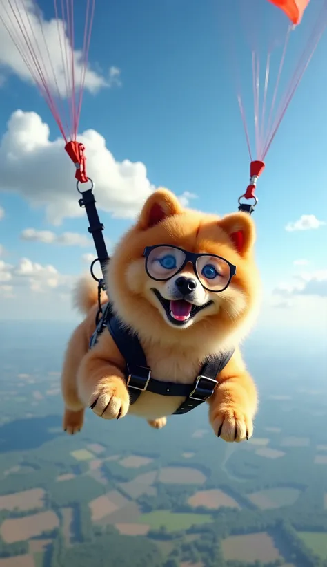 A chowchow cub flying in free fall during a parachute jump, with a joyful smile on her face.  He is equipped with a black parachutist harness and a fitted pilot's glasses, giving a touch of adventure .  The background shows a vibrant blue sky ,  with fluff...