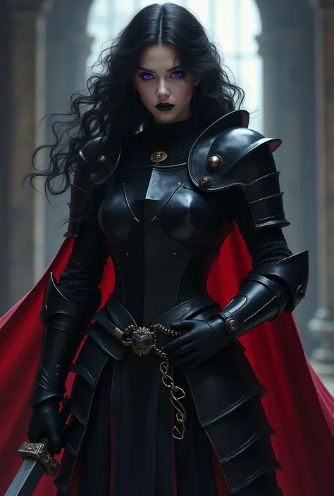 a female knight with long curly black hair, pale skin, purple eyes, black plate armor, blood-red cape, holding a long sword, cold expression, anime style. intricate details, dramatic lighting, dark fantasy, moody, epic, dramatic. Black lipstick. Black eyel...