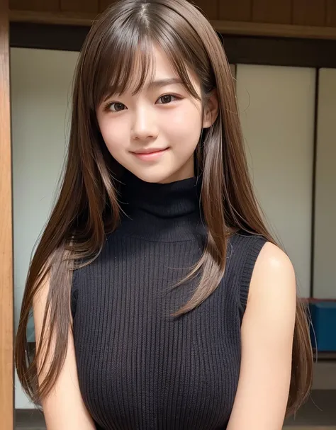  A female middle school student who emphasizes beautiful upper arms with just the right amount of muscle and seductive, attractive shoulders from a sleeveless black turtleneck knit sweater to show viewers,  enchanting smile 、one girl,   Very realistic skin...