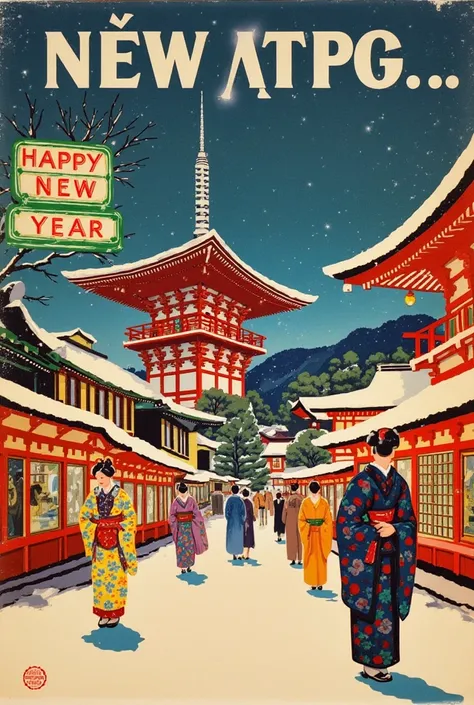 ( New Year's poster :1.3), (  vintage style travel poster :1.5),  snowy Kyoto , Kiyomizu Temple, Behind the Maiko, , (" happy new year "  neon sign :1.5), 