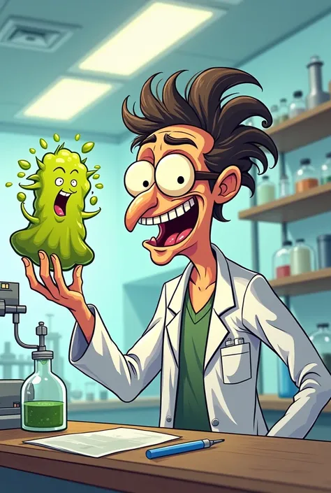 Cartoon-shaped draw a scientist with a crazy face holding a snot shaped bacteria inside a laboratory