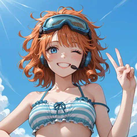 orange hair,medium hair,messy hair, blue eyes, score_9, score_8_up, score_7_up, source_game,(last war Carlie),masterpiece,best quality,striped-bikini,beach,day, blurry backgrounds, smile, blush,one eye closed,(1 girl,solo),(from below),peace sign,hand on h...