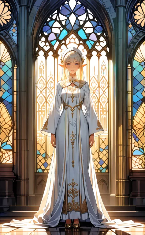 (masterpiece, ultra quality, official art, 8k, beautiful and aesthetic, extremely detailed:1.3), (1 elf lady), Alone, (cowboy shot:1.3), (scenery inside a grand cathedral, soft light filtering through stained glass), anatomically correct, absurdres, (well-...