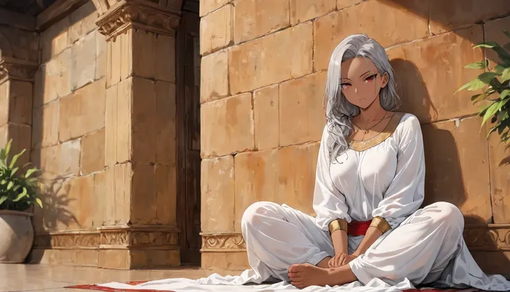 dark skin, mature female, indian clothes, white clothes, indian style, sitting, grey hair, long hair, red eyes, tsurime, masterpiece, best quality, amazing quality, detailed background, intricate details