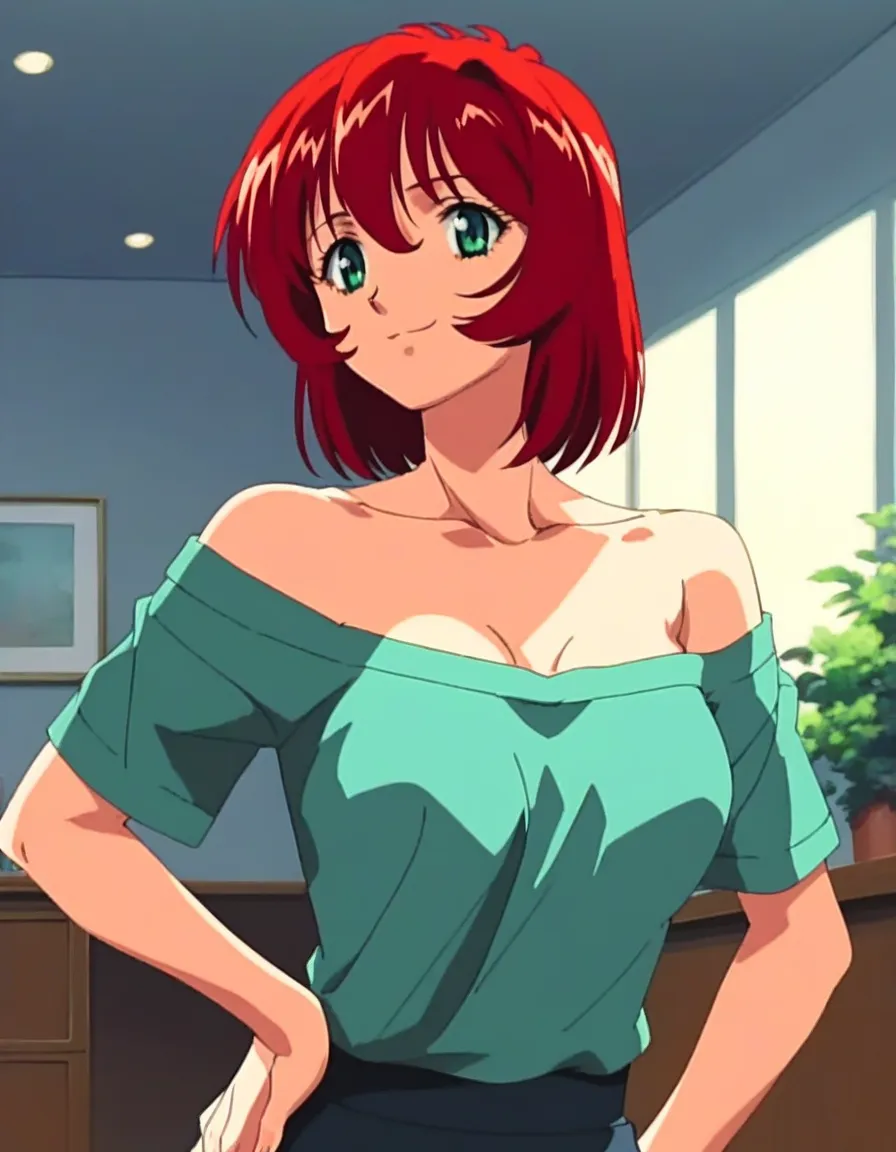 score_9, score_8_up, score_7_up, BREAK source_anime, best quality, masterpiece, rating_explicit, dance class room, background, upper body, dna_hunter_mai, 1girl, red hair, short hair, collarbone, a green off the shoulder shirt, black leggings, seductive sm...