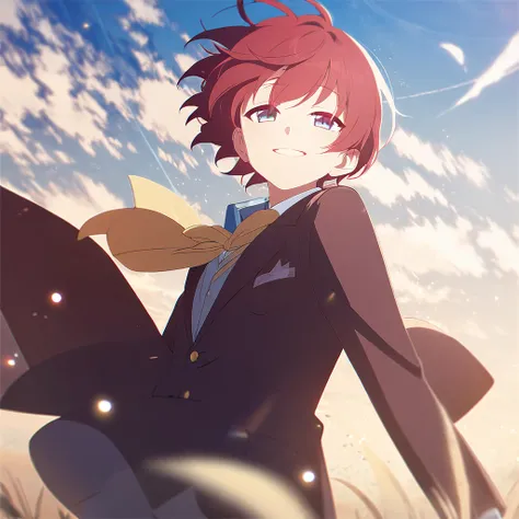  1 boy、Short Hair、 red hair color、Light blue eyes、 half-open eyes、smile、dark reddish brown blazer、 yellow bow on chest 、front、 upper body、Outdoors、blue sky、wind、 light particles from directly below your feet