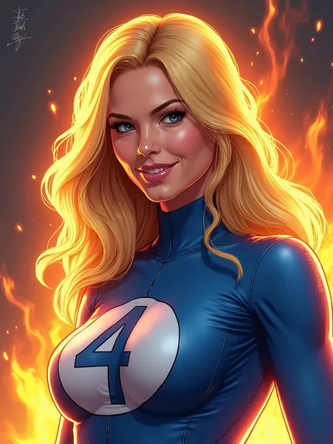 Susan storm from the fantastic four, burning like the human torch, long blonde hair, vector art by Mark Brooks, Artstation, digital art, art gta 5 comics, style of gta v artworks, comics gta 5 cover, comic digital art, art gta 5 cover, fantastic four in gt...