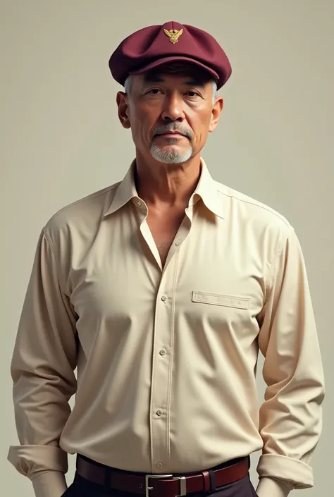 A man wearing a maroon cap and a cream colour dress