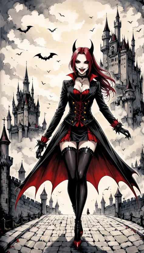 in style of Santiago Caruso,1 chica vampiro, showing her fangs, elegant clothes, walking. Background: Castle