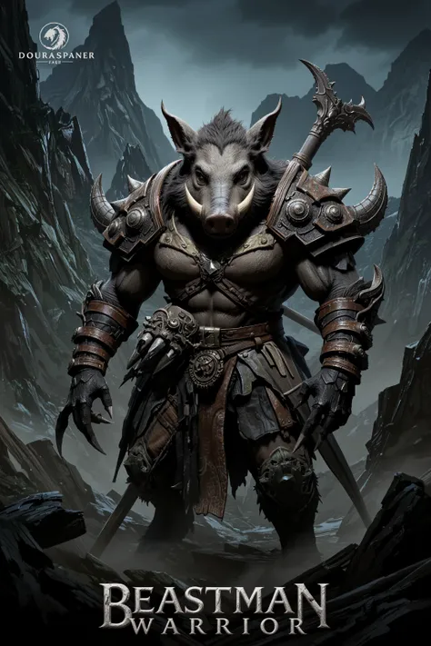  Wild Boar Beastman with intelligence、Equipped with armor and sharp nail-shaped weapons on both hands。