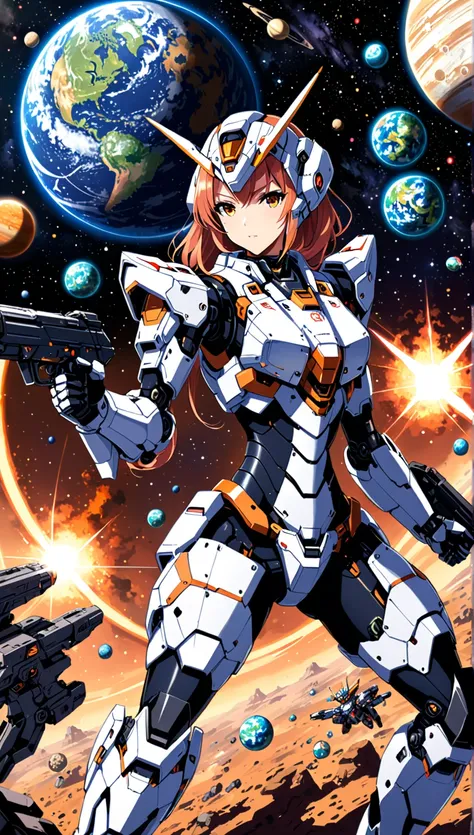 1 female mecha robot (1 girl) with guns, combat pose. Background:space, planets