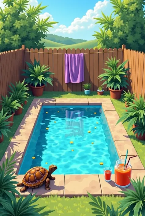 hello, Make a drawing where there is a square-floor pool , attracted, Let there be grass ,  a fence where a violet towel has hung, y attracted de eso muchas plantas de marihuana altas. And go ahead, On the pool floor there is a not very big orange rooster ...