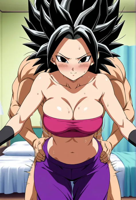 high resolution picture, masterpiece, best quality, amazing quality, official art, solo, source_anime, anime screencap, 1girl, caulifla from dragonball, 1girl, defCal, black hair, black eyes, tube top, midriff,, cleavage, medium breasts,                   ...