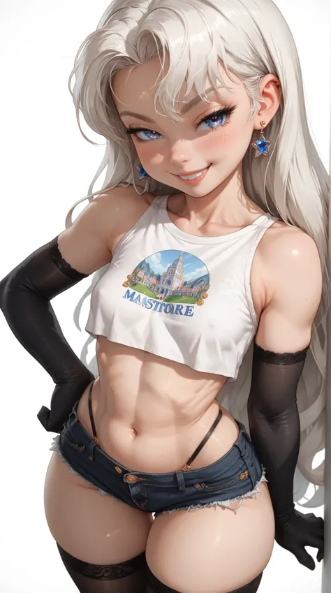  score_9,  score_8_high,  score_7_high,  masterpiece,  highgekrempelte , very sexual poses , girl, Subscribe,1  girl, Alone,  white hair,  long hair,  looks at the viewer ,  skin drawing , Blush, smug,  suggestive smile ,  small breasts,  Crop Top, Shorts,...