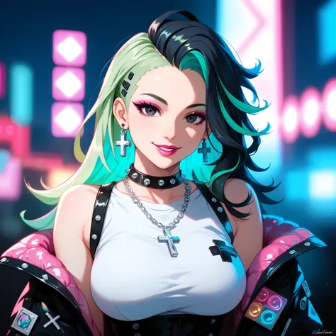 punk clothes, punk accessories, cross, rings, checker, dark background, dark saturated colors, large ample breasts, ample hips, 1 girl, blurry, solo, long hair, depth of field, (two-tone hair, neon light green hair, black hair), blurred foreground, necklac...