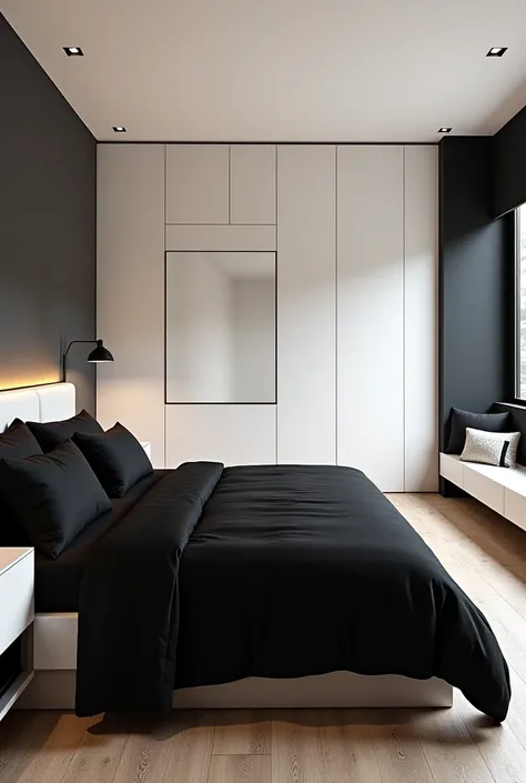 Make me room with black bed bedspreads and bedside tables white wardrobe with mirror television white ceiling and vanilla walls 