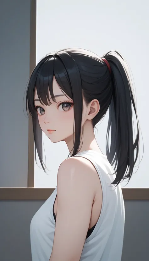  score_9,  score_8_ up the side,  score_7_ up the side, score_6_ up the side,  score_5_ up the side,  score_4_ up the side,   highest quality, 1 girl,Alone, black hair、 ponytail、 up the sideper body,tＹ shirt, and stare at the viewer, pop background ,