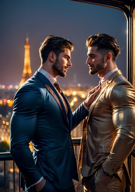 A highly detailed, ultra-realistic cinematic shot of (((two1.0))) ruggedly handsome, muscular bodybuilder ,Golden hour paints the Parisian sky in hues of soft pink and gold as two athletic muscled , ((( handsome men1.0 with chiseled face )))stand close to ...