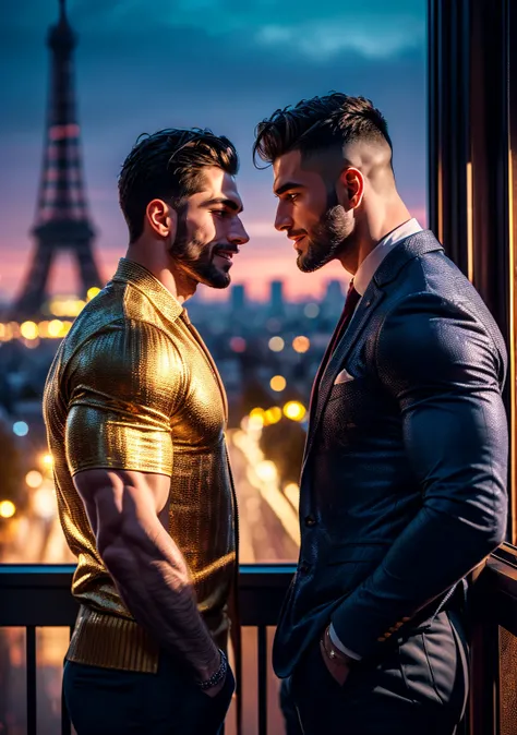 A highly detailed, ultra-realistic cinematic shot of (((two1.0))) ruggedly handsome, muscular bodybuilder ,Golden hour paints the Parisian sky in hues of soft pink and gold as two athletic muscled , ((( handsome men1.0 with chiseled face )))stand close to ...