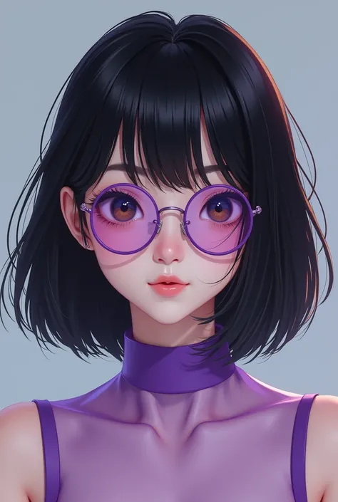 I want a picture of a white Asian girl,bob bang black hair , Slightly dark eyebrows ,  face profiles , Brown eyes and straight hair Put on glasses, frame purple glasses and wear purple see-through dress, straight face, virtual reality image