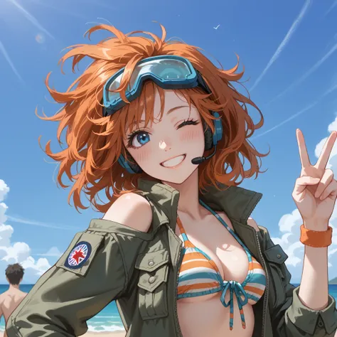 orange hair,medium hair,messy hair, blue eyes, score_9, score_8_up, score_7_up, source_game,(last war Carlie),masterpiece,best quality,striped-bikini,beach,day, blurry backgrounds, smile, blush,one eye closed,(1 girl,solo),peace sign,hand on hip,pilot gogg...