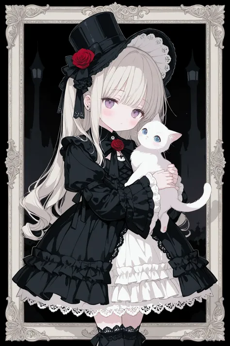 dark gothic,pastel,gothic lolita fashion, twin cute girls, one in white dress, one in black dress, intricate lace and frills, victorian-inspired attire, holding large roses, cute gothic dolls, black cat with top hat, white cat with hat, pastel color scheme...