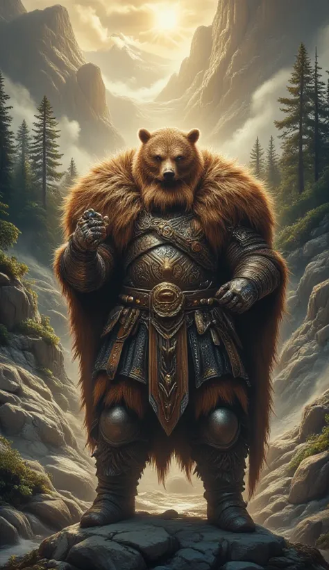 "Epic fantasy illustration of a fierce dwarven warrior standing atop a rocky cliff, clad in heavy Nordic-style armor with intricate engravings and chainmail. He wears a massive bear fur cloak with the bear’s head resting over his helmet, making him appear ...