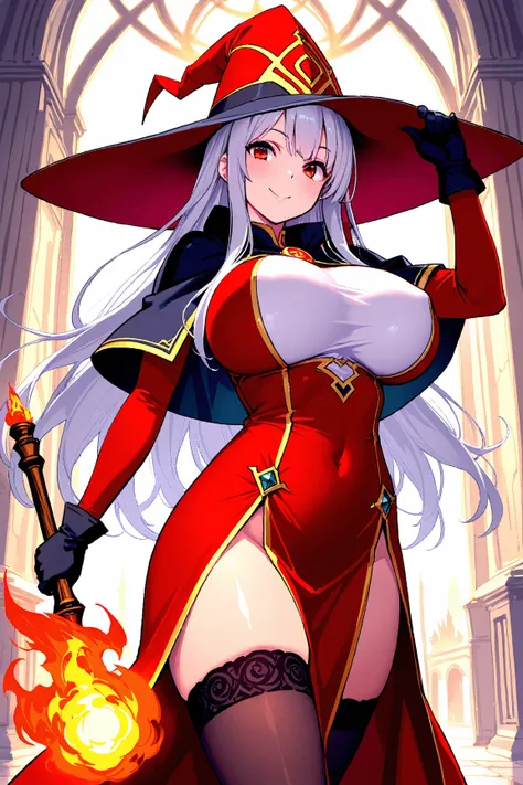 8k,masterpiece, best quality, ultra detailed, high resolution, super fine illustration, 1girl, solo, smile,red eyes, silver hair,long hair,sidelocks, huge breasts, wizard,hat, dress, gloves, thighhighs, holding stuff, summoning elemental fire,