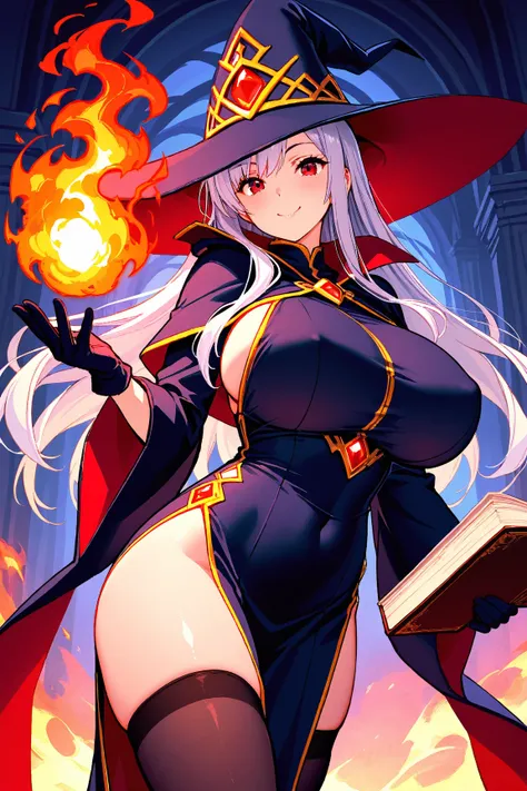 8k,masterpiece, best quality, ultra detailed, high resolution, super fine illustration, 1girl, solo, smile,red eyes, silver hair,long hair,sidelocks, huge breasts, wizard,hat, dress, gloves, thighhighs, holding stuff, summoning elemental fire,