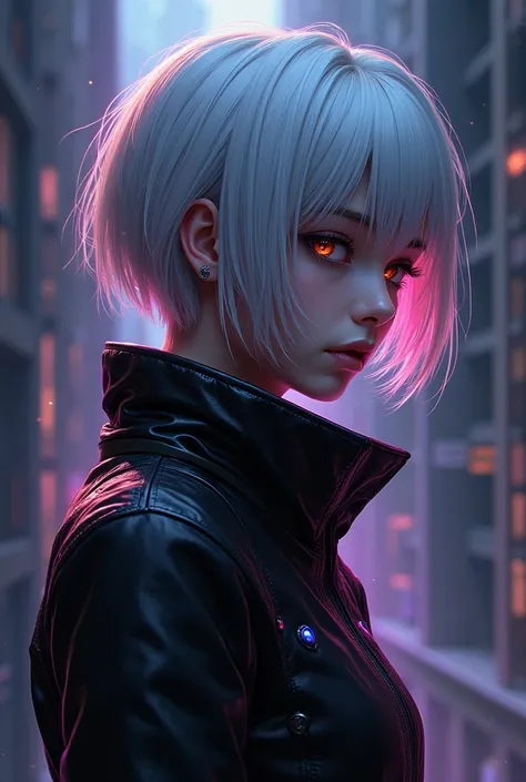  alone, (beautiful), 1 macho,  short hair,  gray hair dress,  golden eyes, black light, Violeta Fogo, (cyberpunk outfit), (( masterpiece,  detailed face,  detailed eyes, cyberpunk aesthetic background: 1.3, dynamic angle))