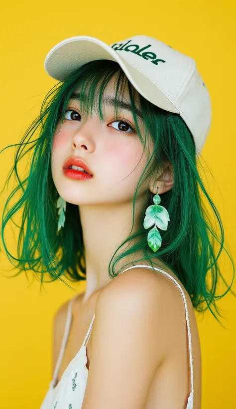 8k, masterpiece, highest quality, Korea's Beautiful Women,  bright green hair, bangs, baseball caps, hanging leaf-shaped earrings, bright red lips, naked, yellow background, high contrast, sharp detail