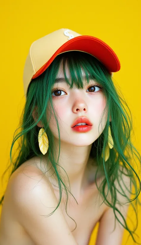 8k, masterpiece, highest quality, Korea's Beautiful Women,  bright green hair, bangs, baseball caps, hanging leaf-shaped earrings, bright red lips, naked, yellow background, high contrast, sharp detail