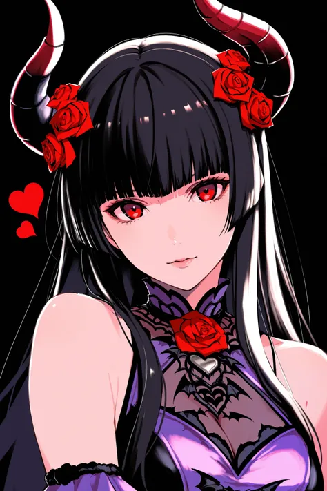 Elize \(Tekken\) , 1girl, solo, long hair, looking at viewer, bangs, black hair, red eyes, upper body, heart, detached sleeveless dress, horns, blunt bangs, makeup, rose, black background, vampire