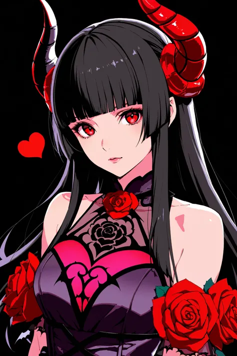 Elize \(Tekken\) , 1girl, solo, long hair, looking at viewer, bangs, black hair, red eyes, upper body, heart, detached sleeveless dress, horns, blunt bangs, makeup, rose, black background, vampire