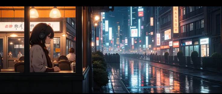 "A cozy nighttime cityscape with glowing neon signs, light rain falling, and a young girl with headphones sitting by a café window, warm atmosphere, in a dreamy lo-fi anime style."