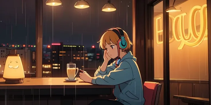 "A cozy nighttime cityscape with glowing neon signs, light rain falling, and a young girl with headphones sitting by a café window, warm atmosphere, in a dreamy lo-fi anime style."