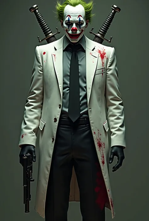 A man has two swords on his back and wears a formal dress like a business dress, white with blood stains, holds a gun in his hand and wears a clown mask on his face