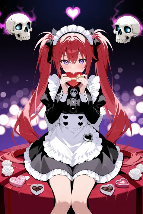 1girl, red hair, heart skull ornaments, twin-tails with cherry accessory, ribbon, gothic maid uniform black and purple, white ruffles, cute skull buttons, holding heart shaped chocolate, the background has floating skulls, magic symbols, bokeh, hearts, che...