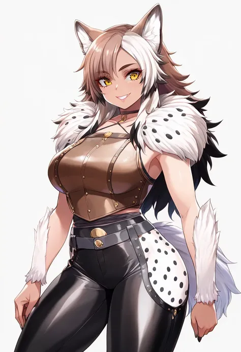 HD, Professional, Highly Detailed, ((Masterpiece: 0.3)), (((High Quality))), Ultra-detailed face, Highly Detailed Lips, Detailed Eyes, (((one subject))), gnoll female, leather armor, (fur(brown)((white spots))(black tips)), wolf ears, smile, golden eyes, s...