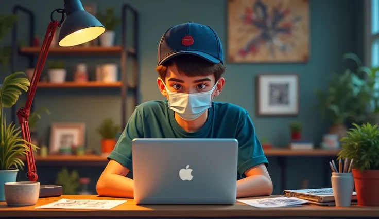 A boy in his studio wearing mask and cap in front view of table using laptop