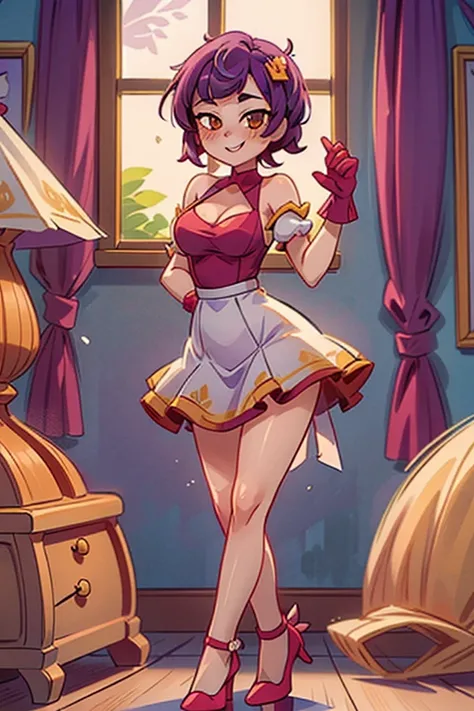 (Masterpiece, best quality), 1 girl, purple short hair, orange eyes, standing indoors with intricate details and sunlight, white frilled dress with short neckline, yellow heels, lilac gloves, sexy pose, smile, beautiful legs, mature body, gorgeous, pronoun...