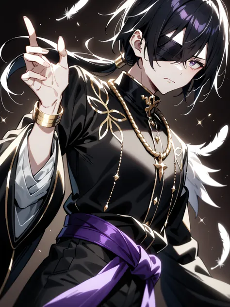   Pale skinned and thin androgynous young adult. The character's eyes are blindfolded by a purple stripe.
  long, disheveled black hair , trapped
in a ponytail .
Facial expression conveys determination and mystery with a serious and mature posture

Black c...