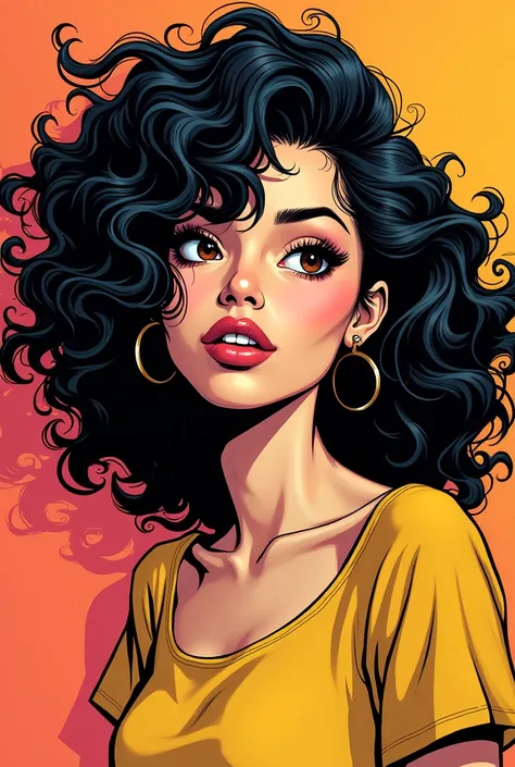 A short white girl with dark brown eyes and big curly black hair as if she were a comic book character.