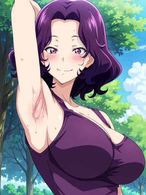 masterpiece, best quality, amazing quality, anime screencap, 1girl, solo, Azusa Hamaoka, Medium hair, purple hair, purple eyes, purple shirt, cleavage, sleeveless, bare shoulders, bare arms, arm behind head, armpit, head towards viewer, looking at viewer, ...