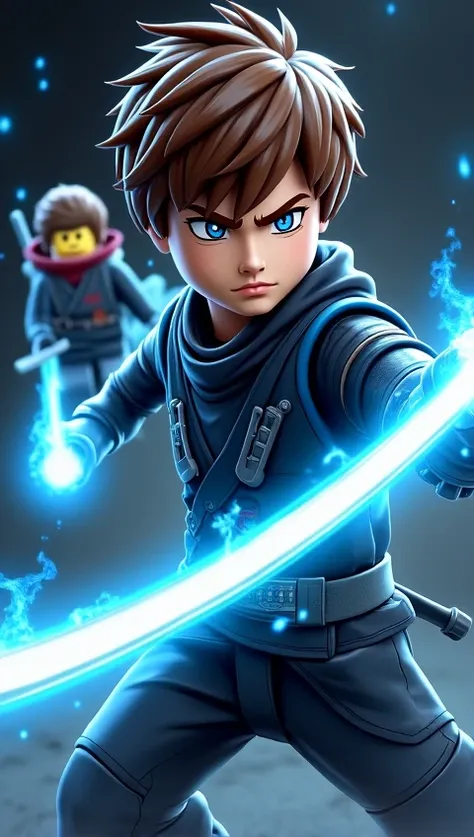 A boys brown hair blue eyes held blue color ninjago lego background color black flame white dark white dark ninga shaped ninja with dss ninja in the background